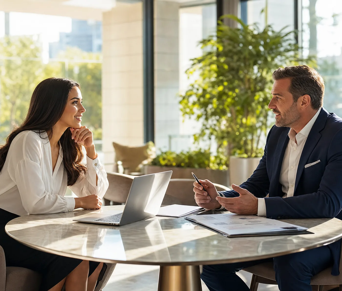 Eine Creatorin und ihr Manager im Gespräch an einem hellen Besprechungstisch